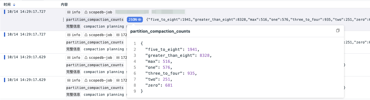 日志列表中的 JSON 字段格式化预览及复制入口
